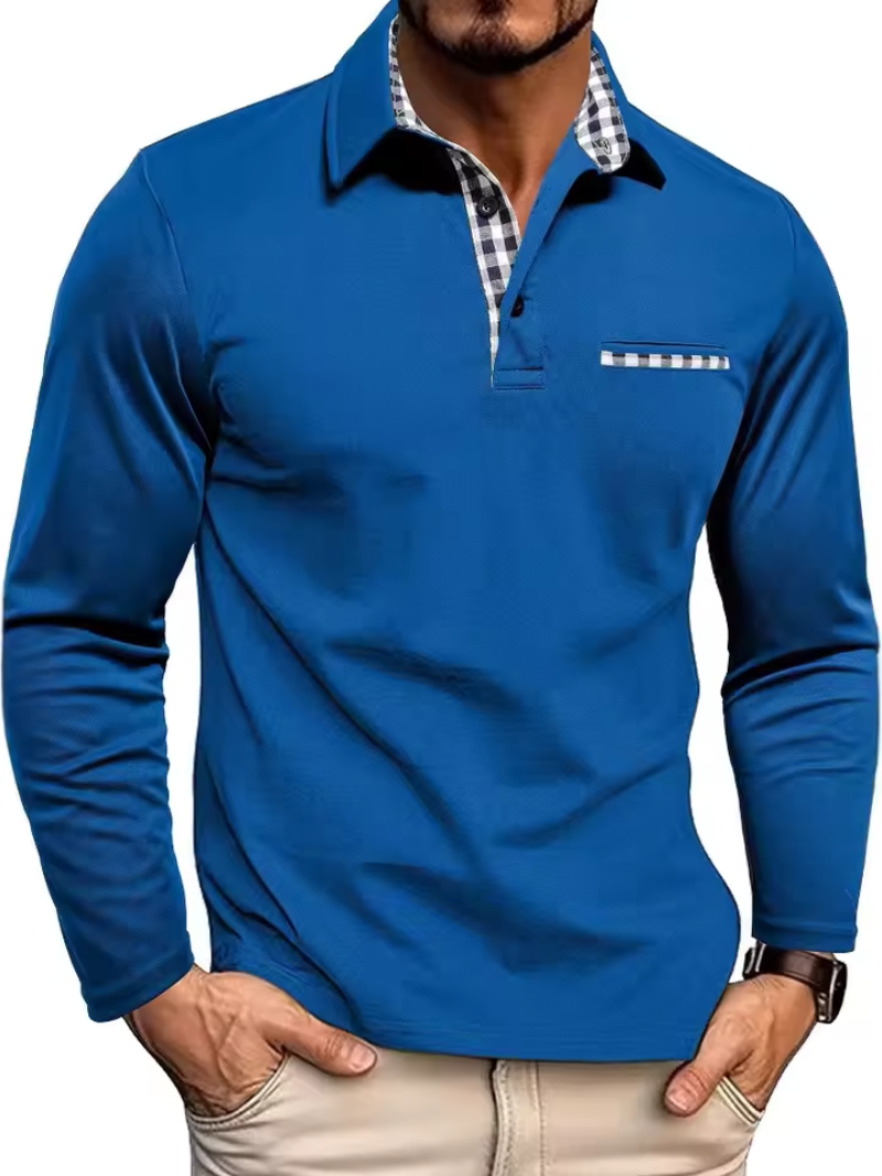 Men's Long Sleeve Polo with Collared Neck and Breathable Checkered Pattern