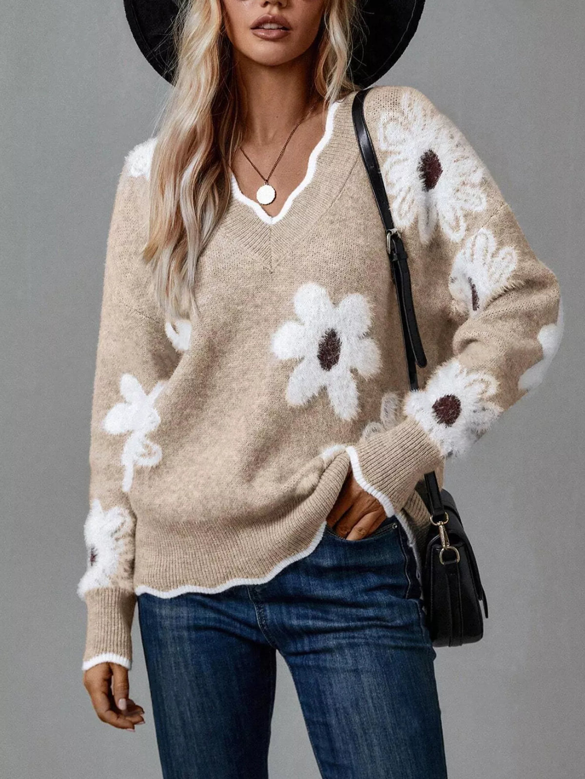 Women’s Floral V-Neck Long Sleeve Sweater
