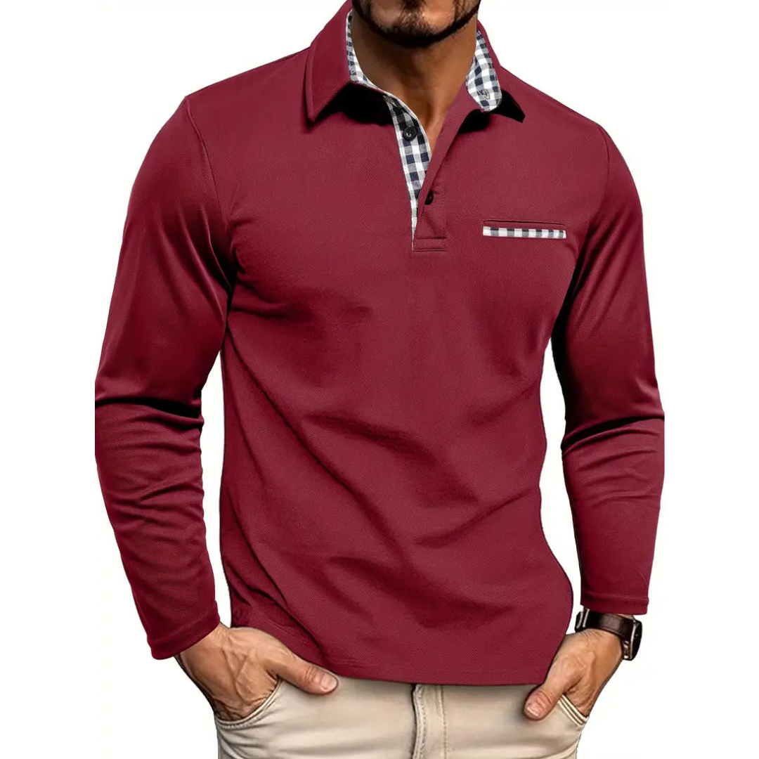 Men's Long Sleeve Polo with Collared Neck and Breathable Checkered Pattern