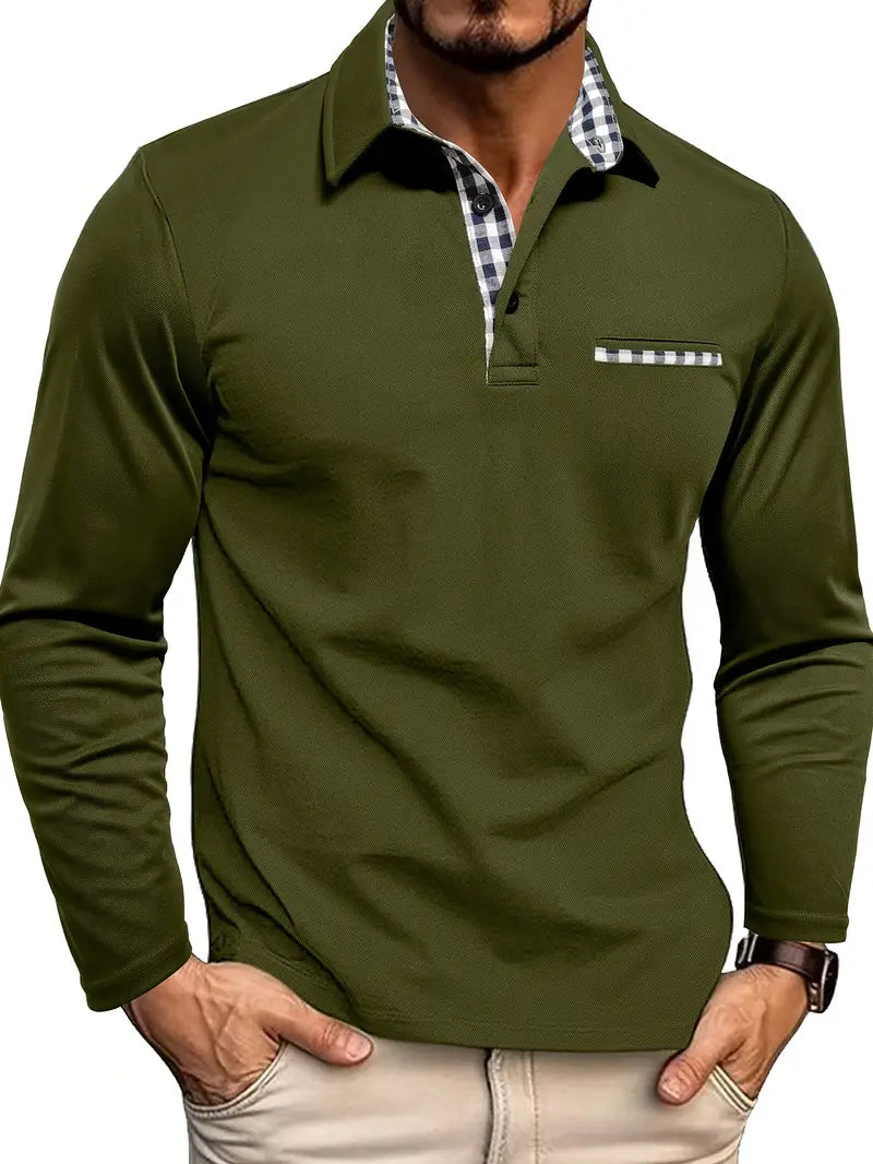 Men's Long Sleeve Polo with Collared Neck and Breathable Checkered Pattern